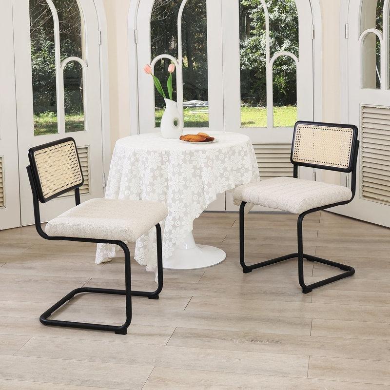 Beyaz Keten Kumaş Kapitoneli Metal Ayaklı Konsol Tasarım Rattan Sandalye 2li Set - 146337