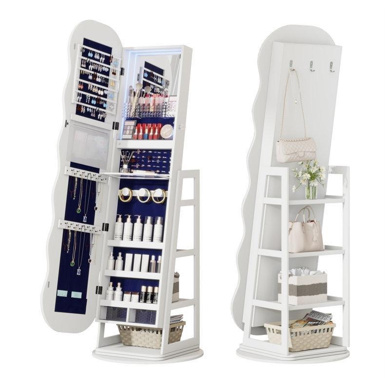 Beyaz LED Işıklı Boy Aynalı Raflı ve Kilitli Ahşap Takı Dolabı - 155x51x51 cm - 145296
