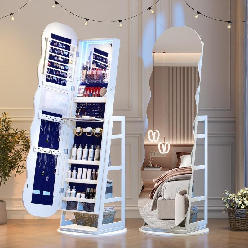 Beyaz LED Işıklı Boy Aynalı Raflı ve Kilitli Ahşap Takı Dolabı - 155x51x51 cm - 145296