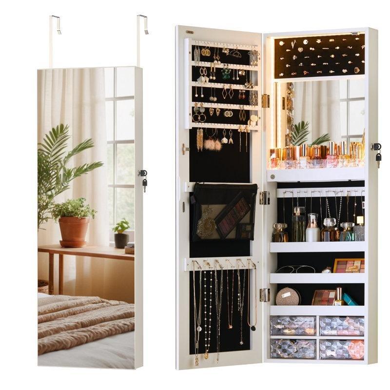 Beyaz LED Işıklı Kilitli Duvara Monte ve Kapıya Asılan Boy Aynalı Takı Dolabı - 108x37 cm - 145260