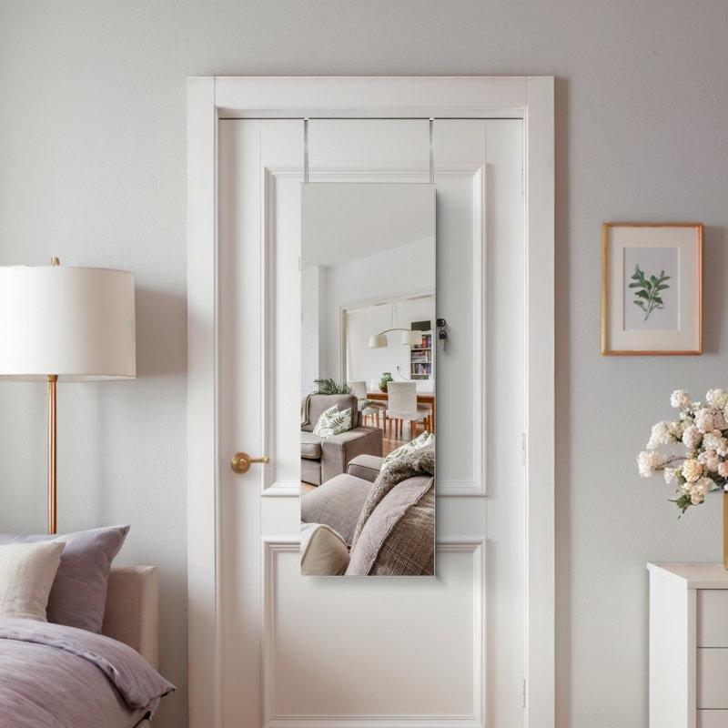 Beyaz LED Işıklı Kilitli Duvara Monte ve Kapıya Asılan Boy Aynalı Takı Dolabı - 108x37 cm - 145260