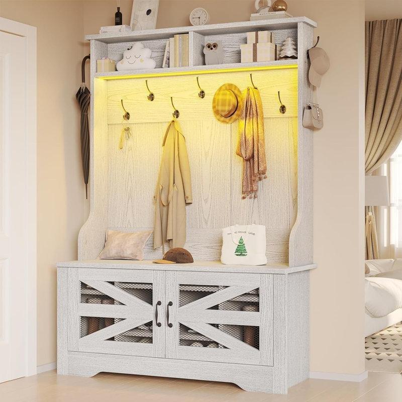 Beyaz LED Işıklı Oturaklı Ayakkabılıklı Portmanto Vestiyer - 110 cm - 159877