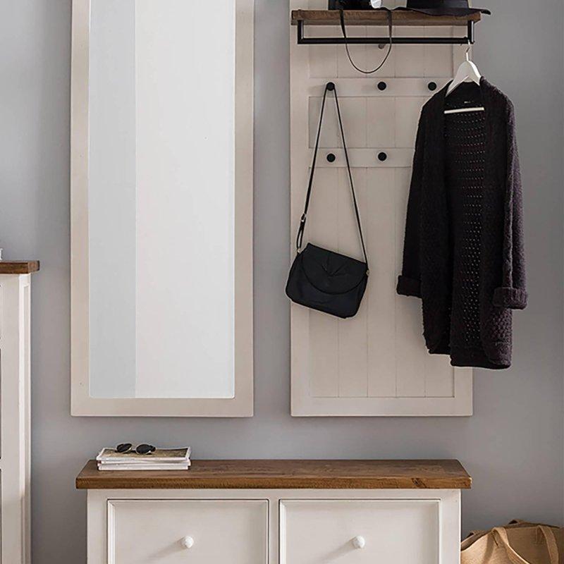 Beyaz Masif Ahşap 3 Parçalı Aynalı Oturaklı Portmanto Vestiyer - 140 cm - 159271