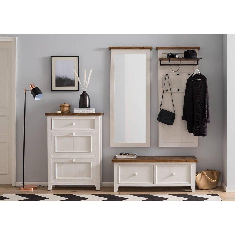 Beyaz Masif Ahşap 4 Parça Aynalı ve Oturaklı Portmanto Vestiyer Seti - 220x260 cm - 158950