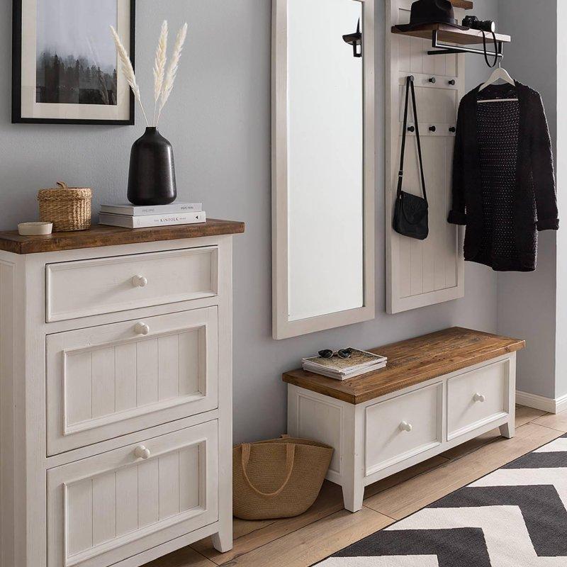 Beyaz Masif Ahşap 4 Parça Aynalı ve Oturaklı Portmanto Vestiyer Seti - 220x260 cm - 158950