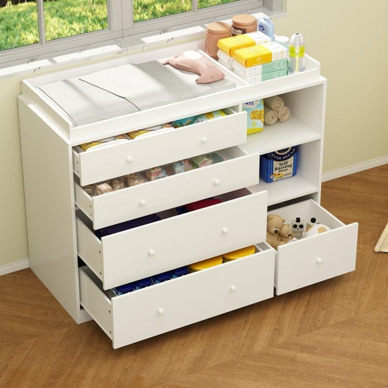 Beyaz Masif Ahşap 5 Çekmeceli ve Raflı Alt Değiştirme Masası Şifonyer - 120 cm - 163042