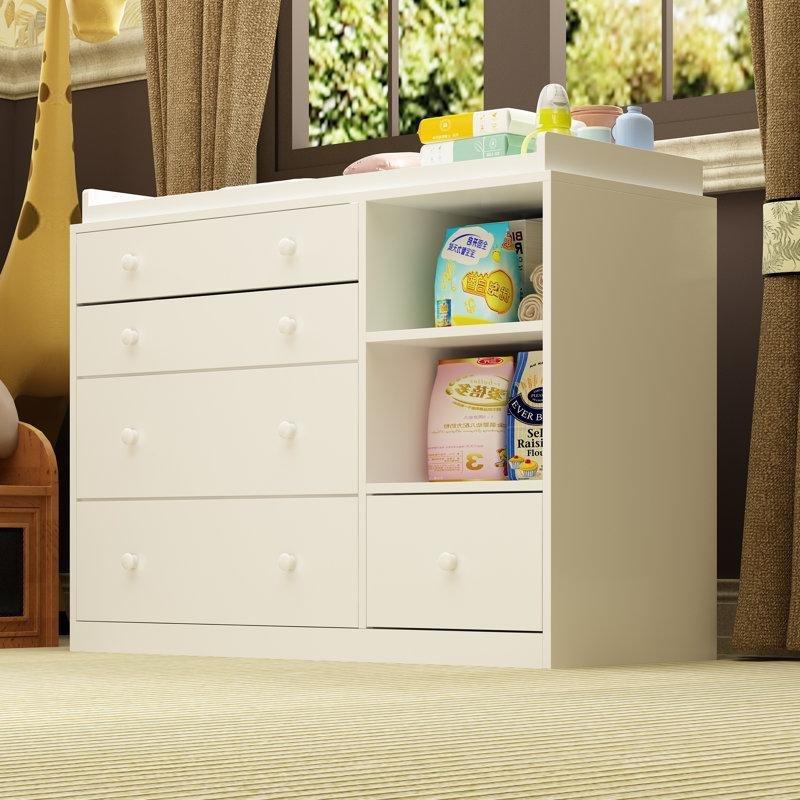 Beyaz Masif Ahşap 5 Çekmeceli ve Raflı Alt Değiştirme Masası Şifonyer - 120 cm - 163042