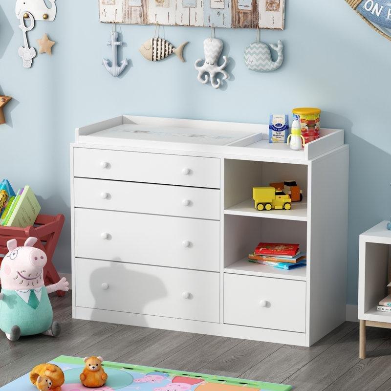 Beyaz Masif Ahşap 5 Çekmeceli ve Raflı Alt Değiştirme Masası Şifonyer - 120 cm - 163042