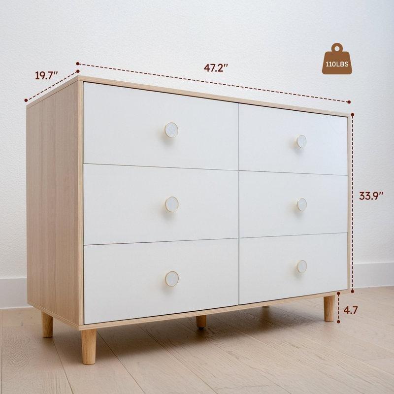 Beyaz Masif Ahşap Ayaklı Gold Kulplu 6 Çekmeceli Oyuncak Dolabı - 120x50x86 cm - 150192