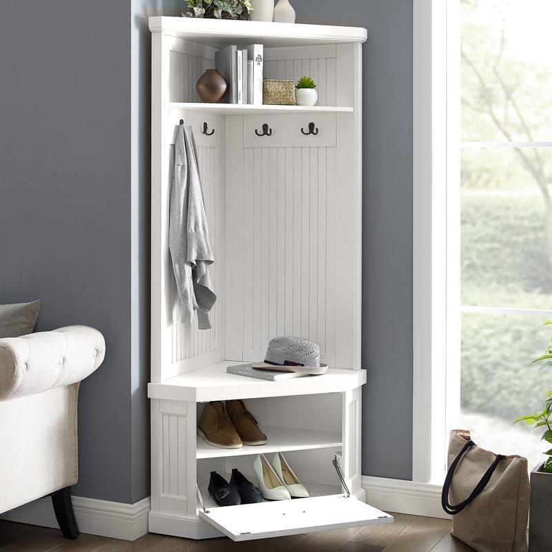 Beyaz Masif Ahşap Oturaklı Köşe Portmanto Vestiyer - 86 cm - 159427