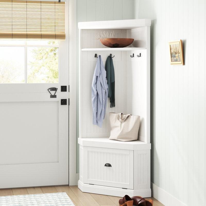 Beyaz Masif Ahşap Oturaklı Köşe Portmanto Vestiyer - 86 cm - 159427