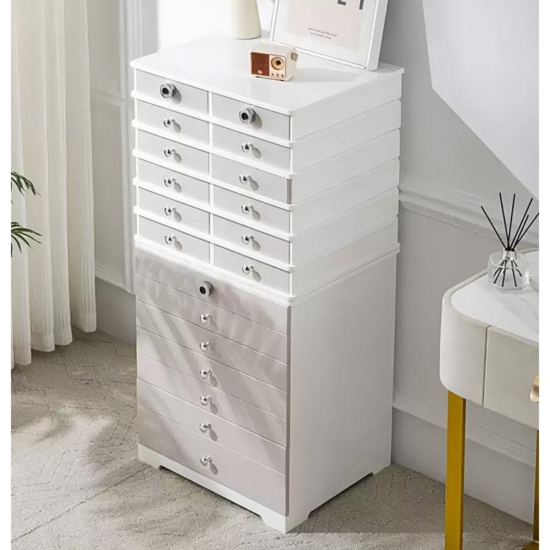 Beyaz Masif Ahşap Parmak İzli Kilitli Çekmeceli Takı Dolabı - 120x51x45 cm - 145185