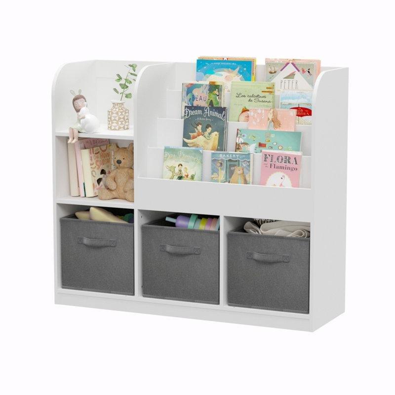 Beyaz Masif Ahşap Raflı Dolaplı Oyuncak Dolabı - 92x30x81 cm - 150354