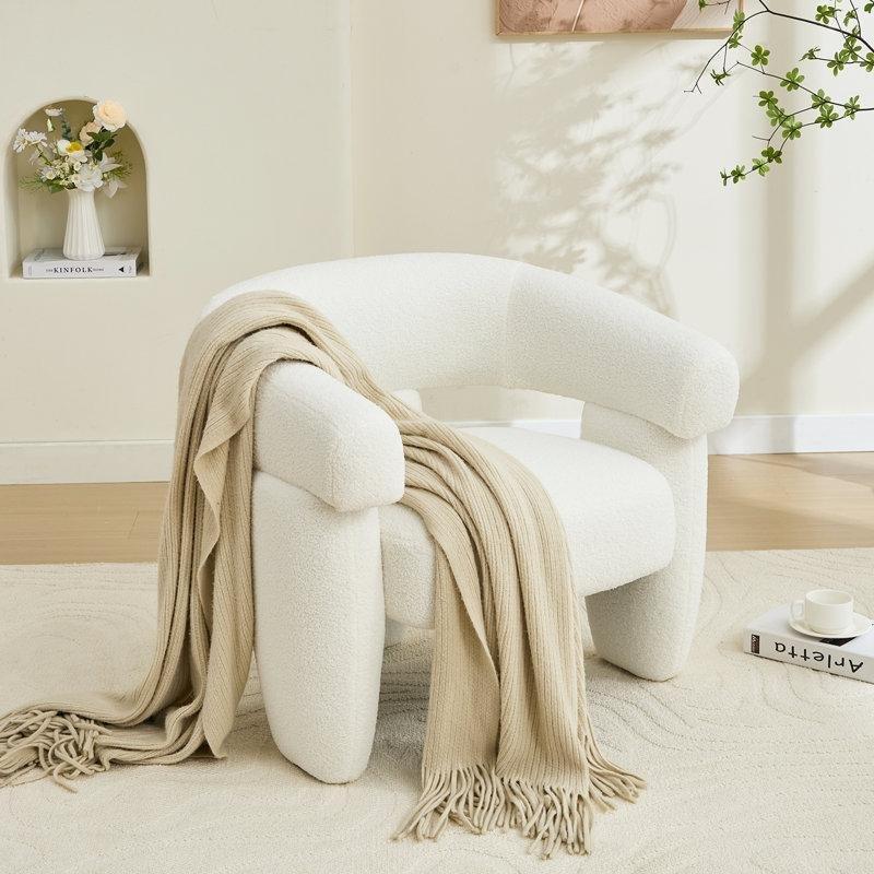 Beyaz Masif Ahşap Üç Ayaklı Bukle Kumaş Berjer Koltuk - 88 cm - 156268