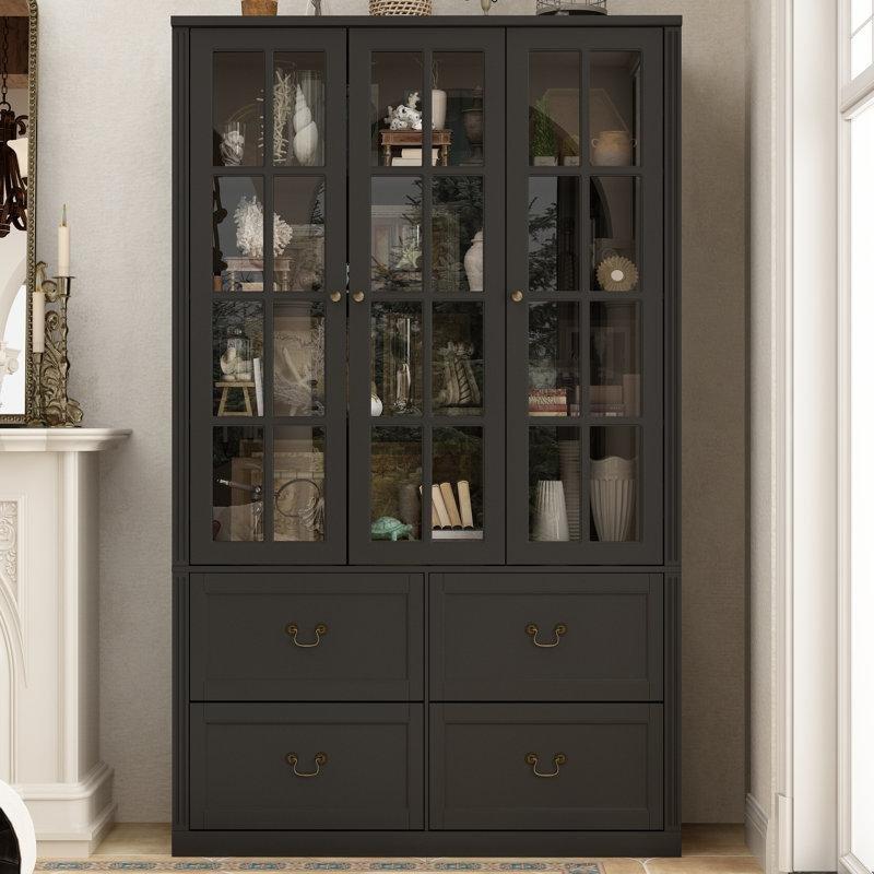 Beyaz Masif Ahşap ve MDF 4 Çekmeceli 3 Kapaklı Vitrin - Gümüşlük - 200x120x40 cm - 157207