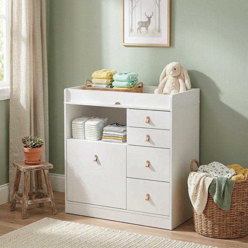 Beyaz Masif Ahşap ve MDF 5 Çekmeceli Deri Kulplu Alt Değiştirme Masası - 86 cm - 163123