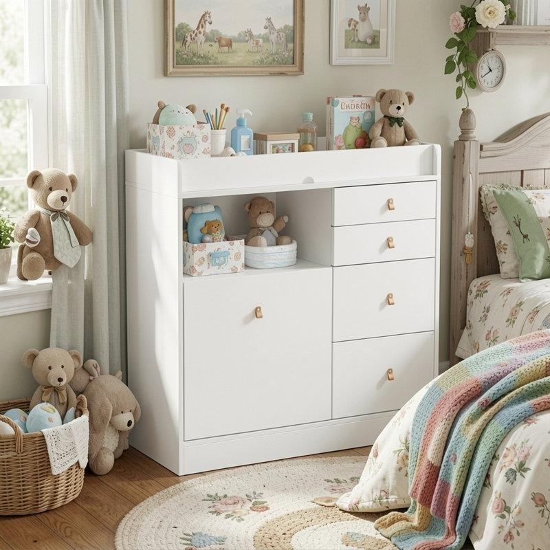 Beyaz Masif Ahşap ve MDF 5 Çekmeceli Deri Kulplu Alt Değiştirme Masası - 86 cm - 163123