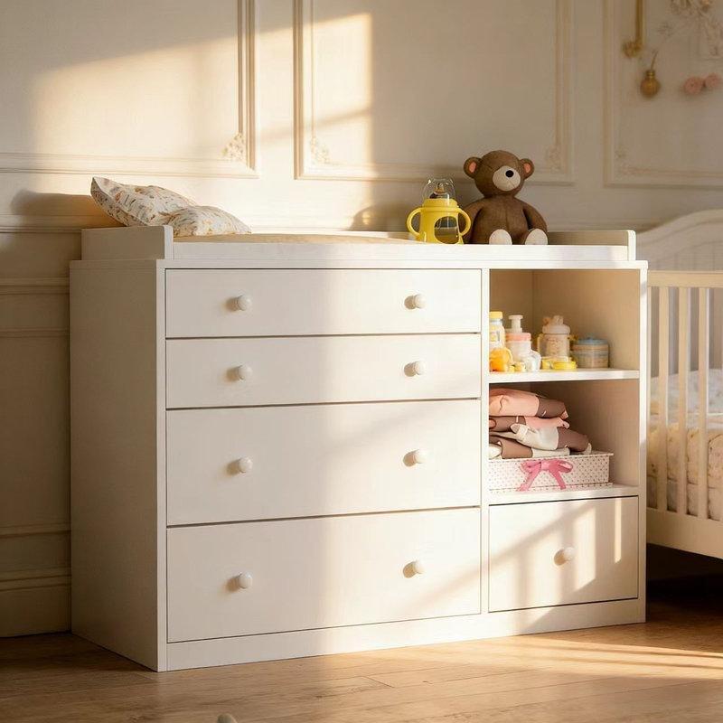 Beyaz Masif Ahşap ve MDF 5 Çekmeceli Dönüştürülebilir Şifonyerli Alt Değiştirme Masası - 120 cm - 163282
