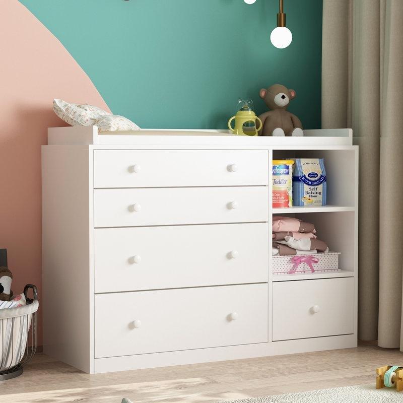 Beyaz Masif Ahşap ve MDF 5 Çekmeceli Dönüştürülebilir Şifonyerli Alt Değiştirme Masası - 120 cm - 163282