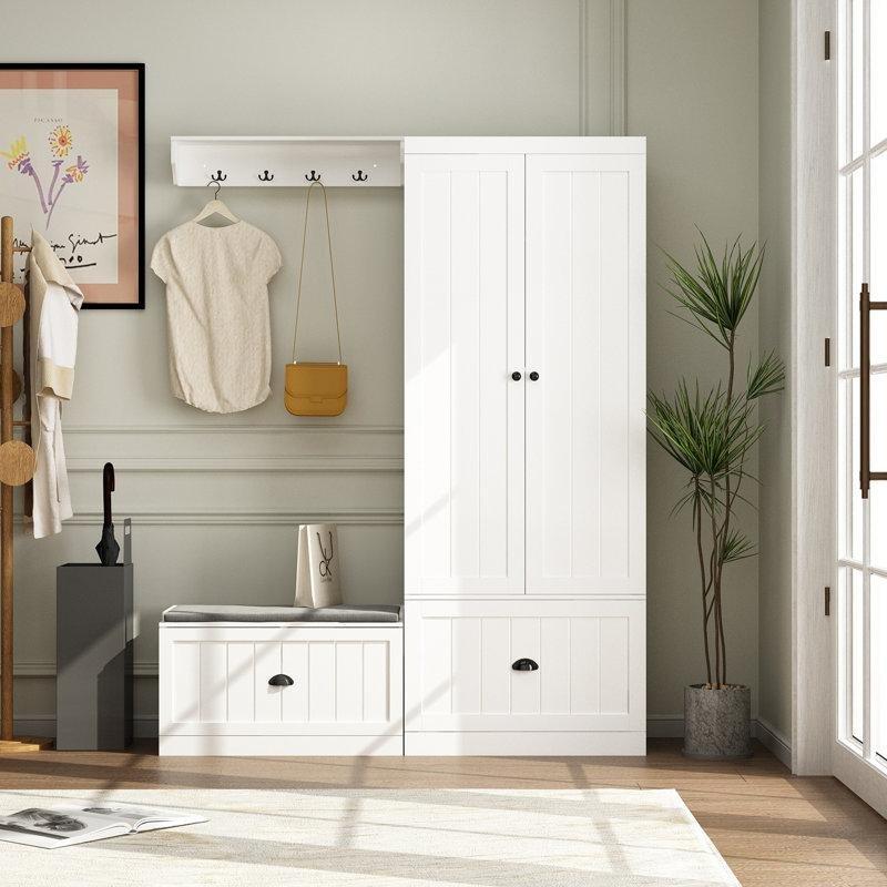 Beyaz Masif Ahşap ve MDF Oturaklı Çekmeceli Modüler Portmanto Vestiyer - 151 cm - 159763