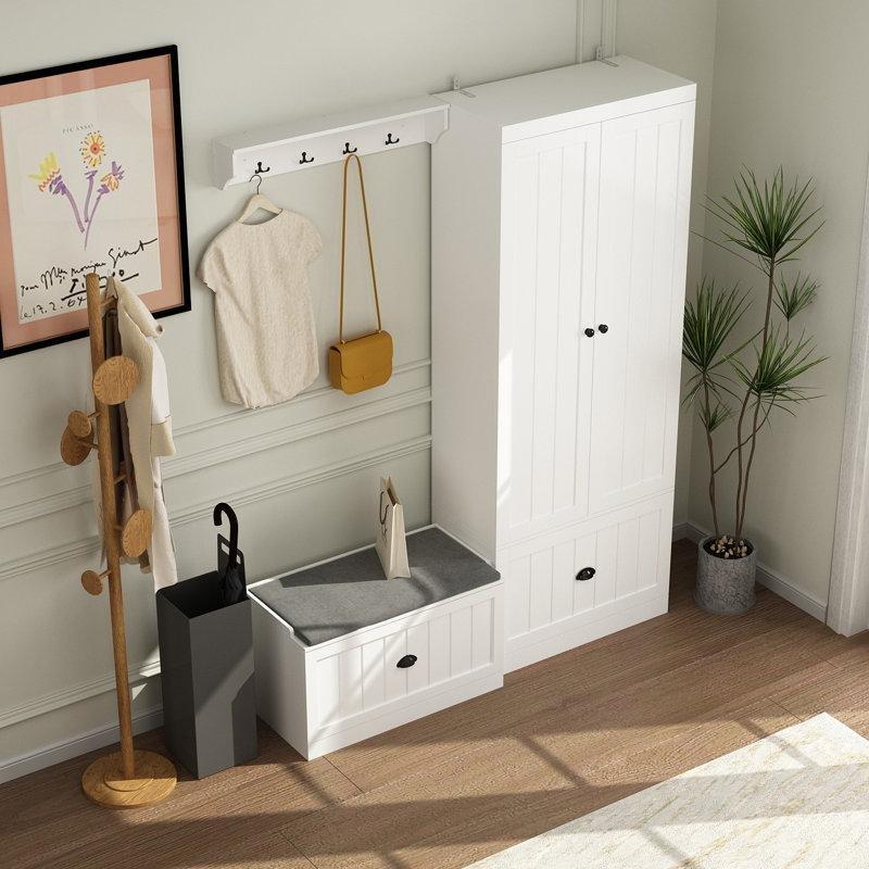 Beyaz Masif Ahşap ve MDF Oturaklı Çekmeceli Modüler Portmanto Vestiyer - 151 cm - 159763
