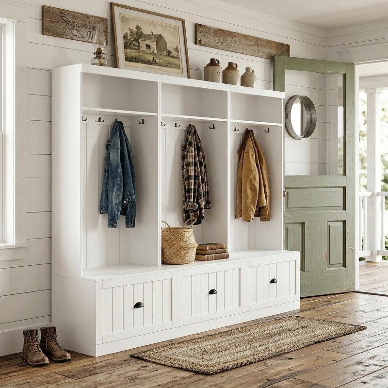 Beyaz Masif Ahşap ve MDF Oturaklı Çekmeceli Modüler Portmanto Vestiyer - 212 cm - 159697