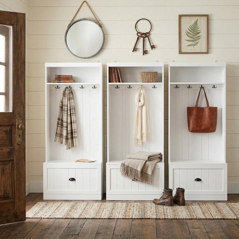 Beyaz Masif Ahşap ve MDF Oturaklı Çekmeceli Modüler Portmanto Vestiyer - 212 cm - 159697