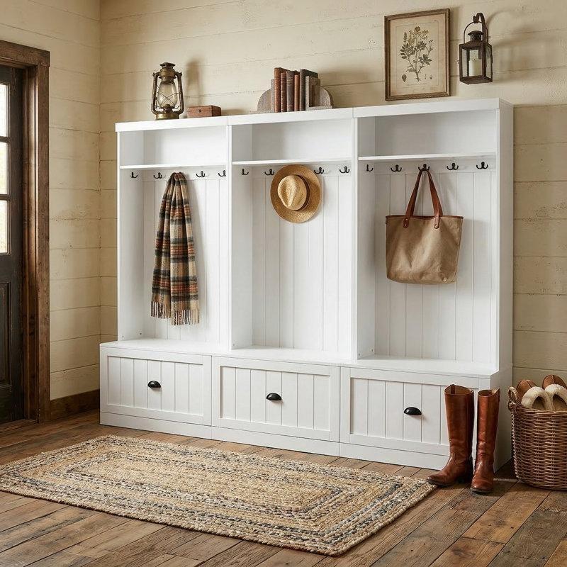 Beyaz Masif Ahşap ve MDF Oturaklı Çekmeceli Modüler Portmanto Vestiyer - 212 cm - 159697