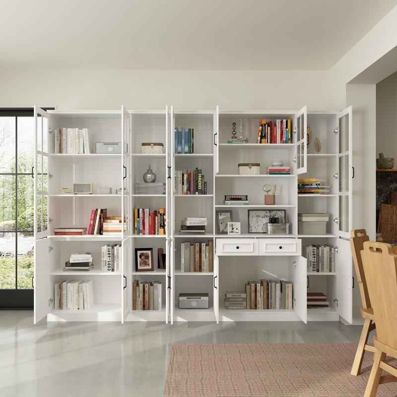 Beyaz Masif Ahşap ve MDF Temperli Cam Kapaklı Ayarlanabilir Raflı Vitrin - Gümüşlük - 280x40x200 cm - 156883