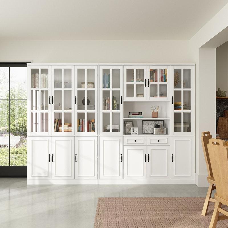 Beyaz Masif Ahşap ve MDF Temperli Cam Kapaklı Ayarlanabilir Raflı Vitrin - Gümüşlük - 280x40x200 cm - 156883