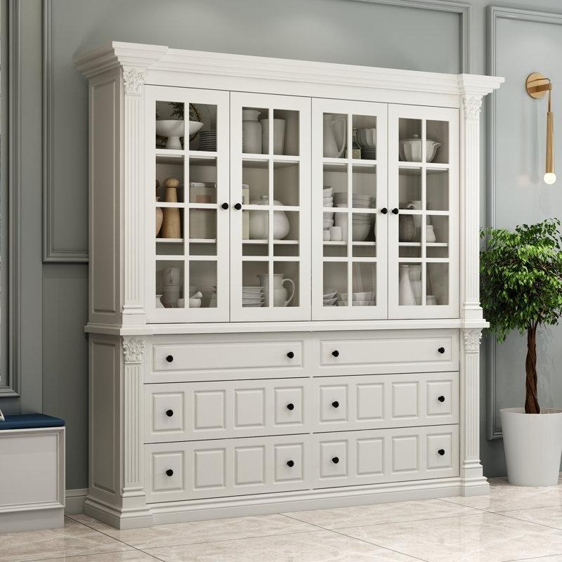 Beyaz Masif Ahşap ve MDF Vintage Tasarım 6 Çekmeceli Cam Kapaklı Vitrin - Gümüşlük - 190x190x45 cm - 157093