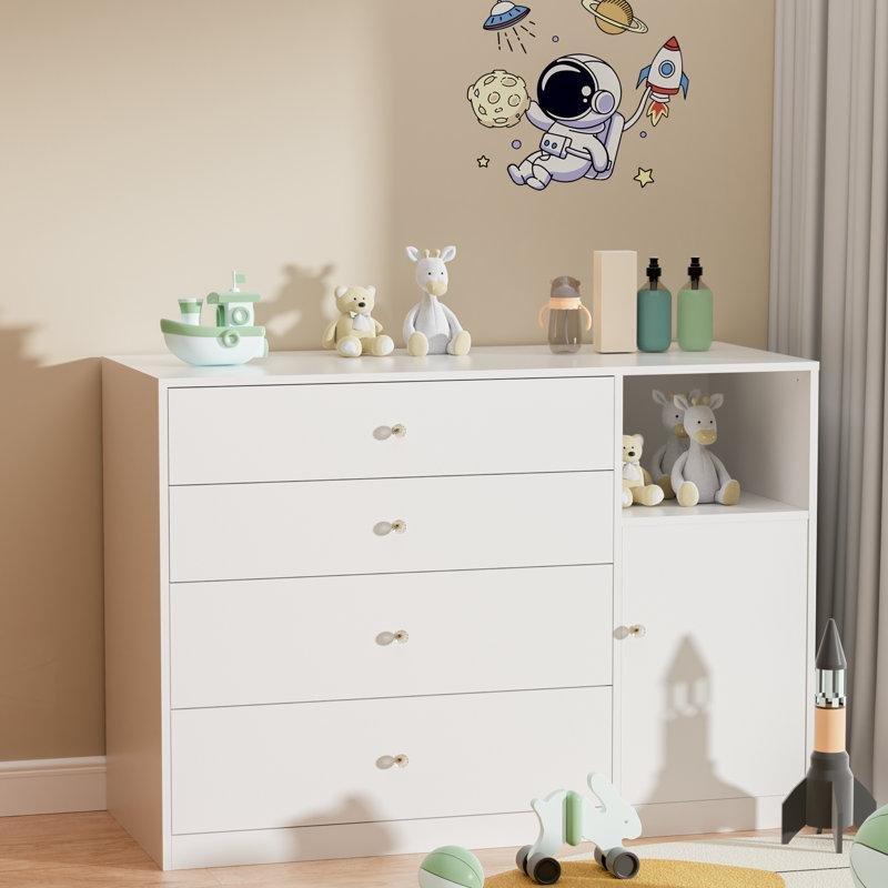 Beyaz Masif Ahşap ve Sunta 4 Çekmeceli ve 2 Raflı Alt Değiştirme Masası - 115 cm - 163270