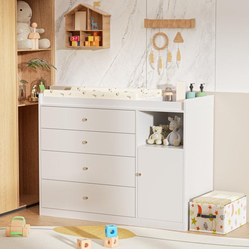 Beyaz Masif Ahşap ve Sunta 4 Çekmeceli ve 2 Raflı Alt Değiştirme Masası - 115 cm - 163270