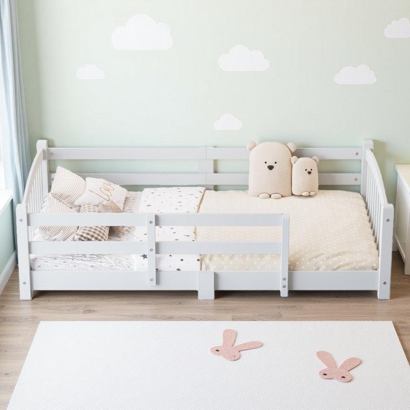 Beyaz Masif Çam ve Endüstriyel Ahşap Korkuluklu Montessori Karyola - 107x201 cm - 142642