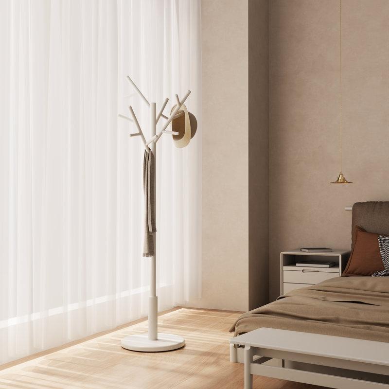 Beyaz Masif Kauçuk Ağacı Ağaç Tasarımlı 12 Askılı Yüksekliği Ayarlanabilir Ayaklı Portmanto - 150x40 cm - 161419