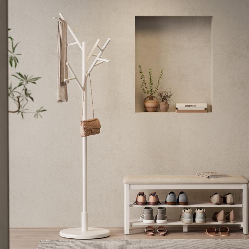 Beyaz Masif Kauçuk Ağacı Ağaç Tasarımlı 12 Askılı Yüksekliği Ayarlanabilir Ayaklı Portmanto - 150x40 cm - 161419