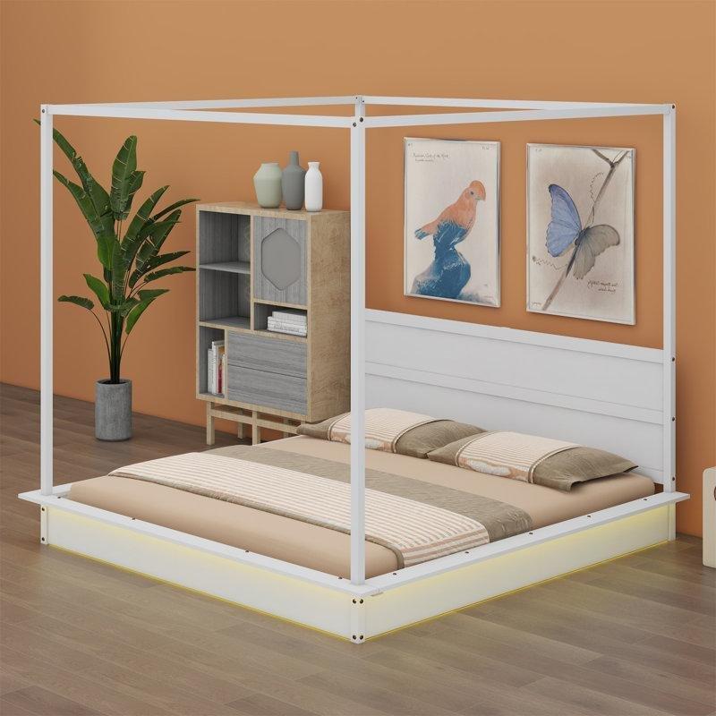 Beyaz Masif ve Endüstriyel Ahşap LED Işıklı Cibinlikli Karyola - 214x218 cm - 142432