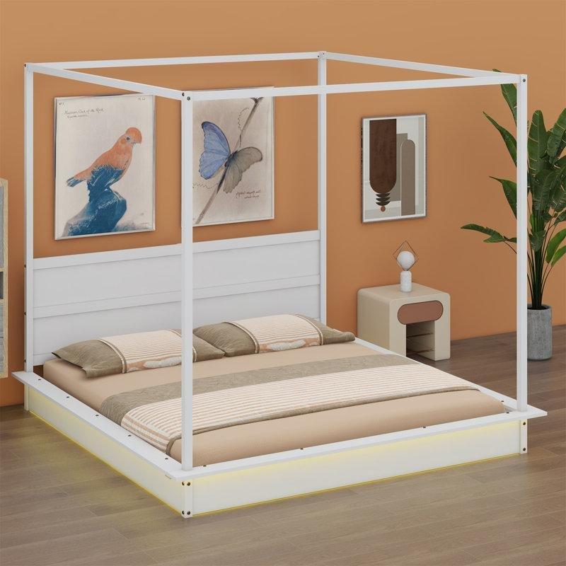 Beyaz Masif ve Endüstriyel Ahşap LED Işıklı Cibinlikli Karyola - 214x218 cm - 142432