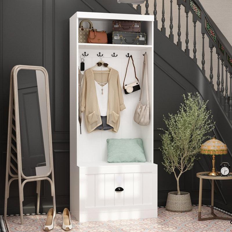 Beyaz Masif ve Endüstriyel Ahşap Oturaklı Çekmeceli Portmanto Vestiyer - 70 cm - 159667