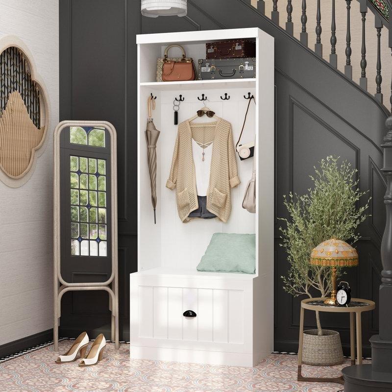 Beyaz Masif ve Endüstriyel Ahşap Oturaklı Çekmeceli Portmanto Vestiyer - 70 cm - 159667