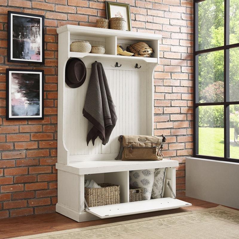 Beyaz Masif ve Endüstriyel Ahşap Oturaklı ve Çekmeceli Portmanto Vestiyer - 102 cm - 159646