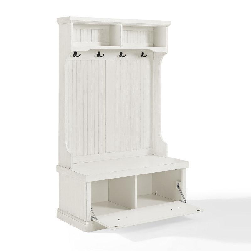Beyaz Masif ve Endüstriyel Ahşap Oturaklı ve Çekmeceli Portmanto Vestiyer - 102 cm - 159646