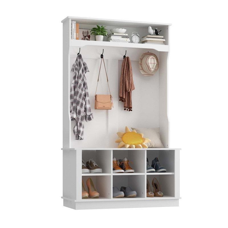 Beyaz Masif ve MDF Ahşap Oturaklı Raflı 4 Askılı Portmanto Vestiyer - 102 cm - 159547