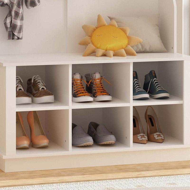 Beyaz Masif ve MDF Ahşap Oturaklı Raflı 4 Askılı Portmanto Vestiyer - 102 cm - 159547