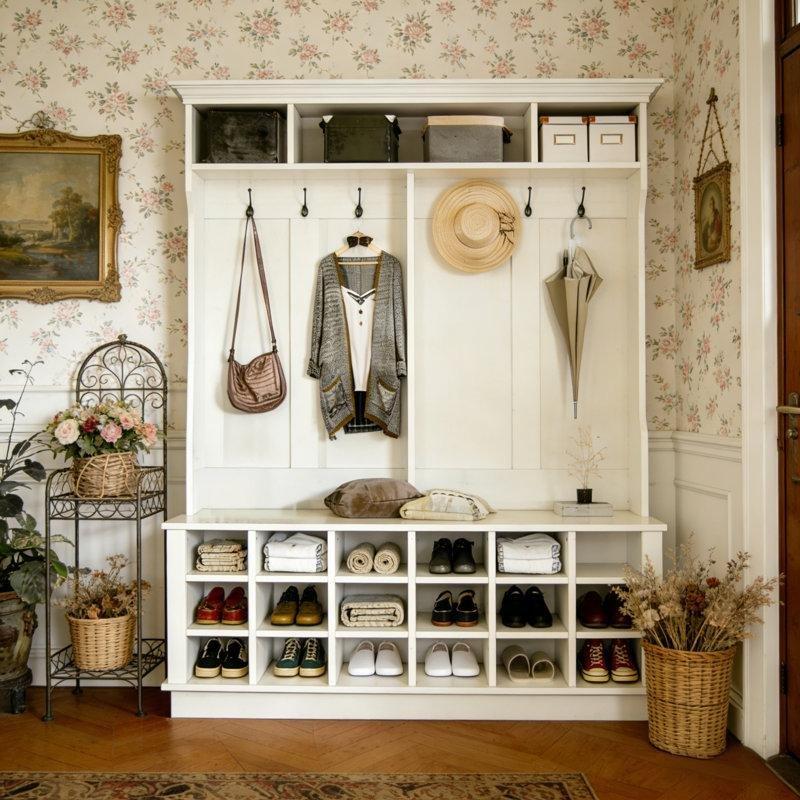 Beyaz Masif ve MDF Ahşap Oturaklı ve Ayakkabılıklı Portmanto Vestiyer - 160 cm - 159859