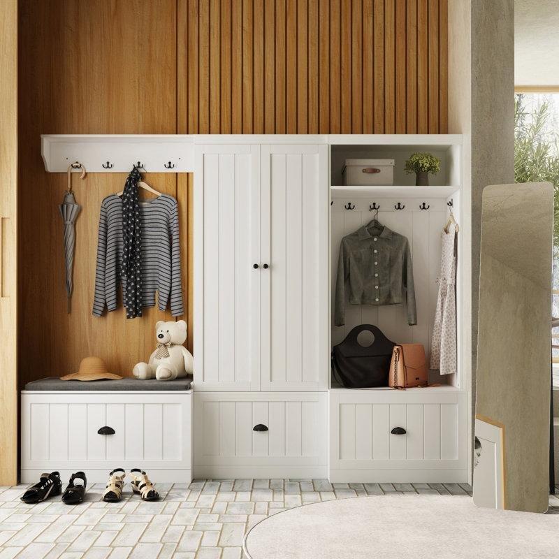 Beyaz Masif ve MDF Oturaklı Çekmeceli Modüler Portmanto Vestiyer Seti - 221 cm - 159727 Beyaz Masif ve MDF Oturaklı Çekmeceli Modüler Portmanto Vestiyer Seti - 221 cm - 159727