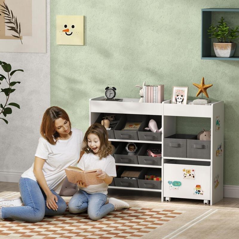 Beyaz MDF 11 Kumaş Kutulu Üst Raflı Oyuncak Dolabı - 105x30x80 cm - 150617