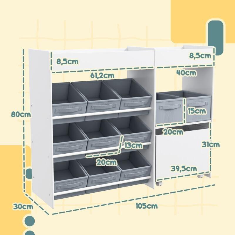 Beyaz MDF 11 Kumaş Sepetli ve Kapaklı Raflı Oyuncak Dolabı - 105x30x80 cm - 150568