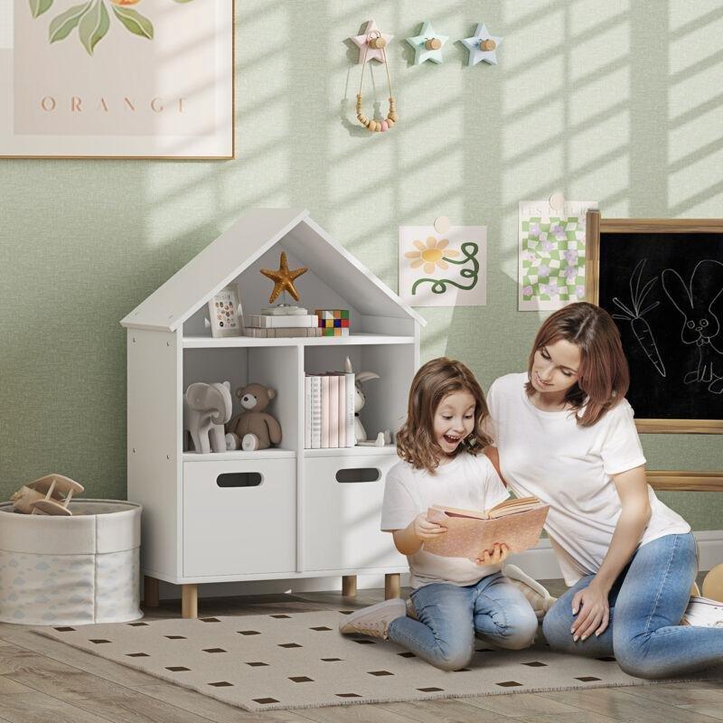 Beyaz MDF 2 Çekmeceli 3 Raflı Ev Tasarımlı Oyuncak Dolabı - 64x30x90 cm - 150749