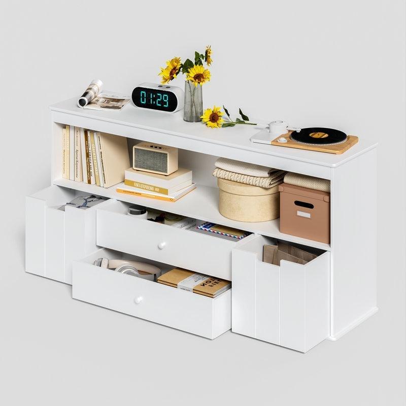 Beyaz MDF 2 Çekmeceli ve 2 Sepetli Kitaplıklı Montessori Oyuncak Dolabı - 132x62 cm - 150285